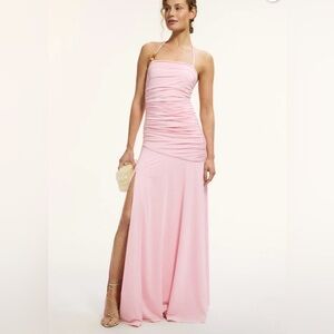 NWOT Elle Zeitoune Cole Gown Chic Rusched Pink Maxi Dress with Slit